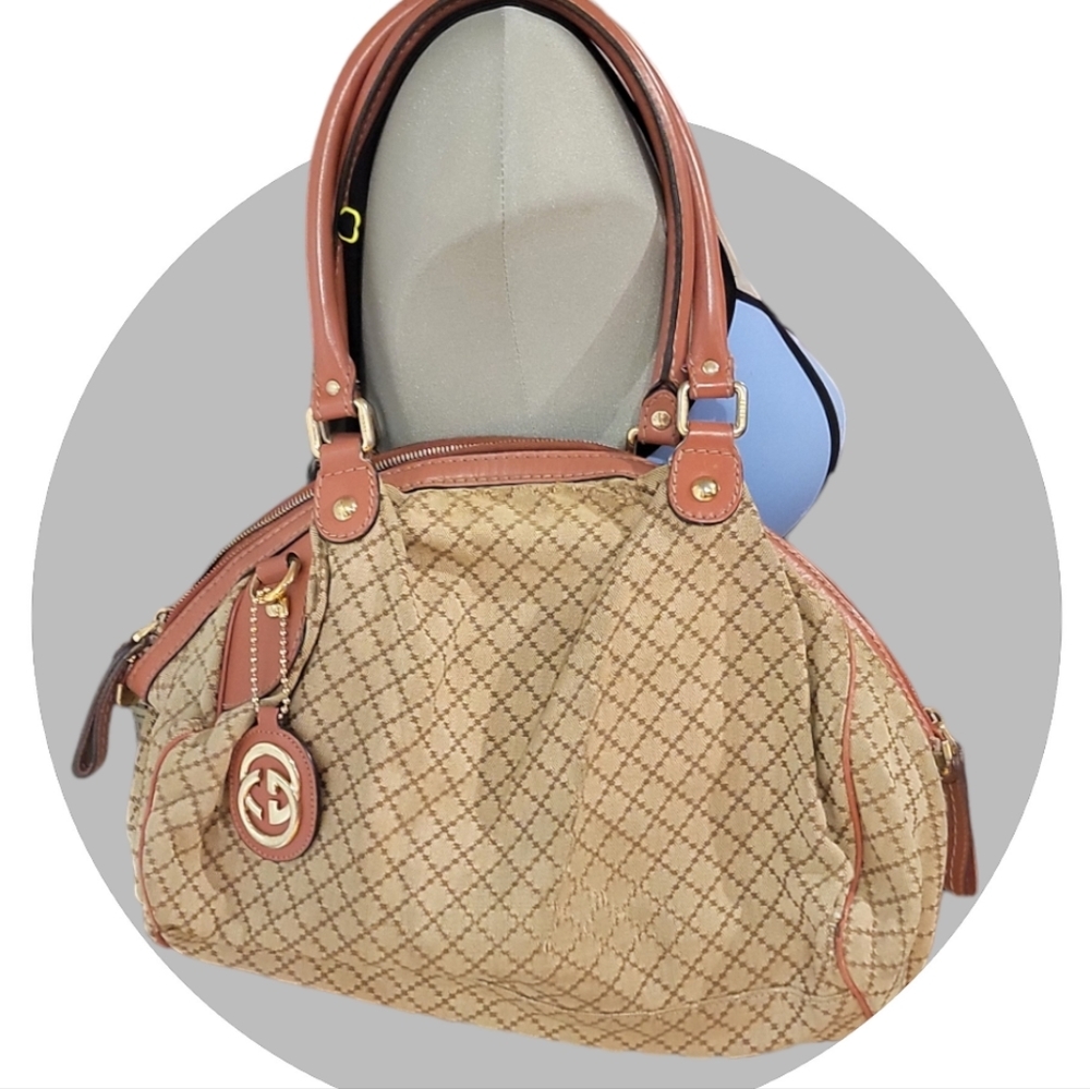 Auth GUCCI Diamante Sukey Shoulder Tote Bag Canvas Leather